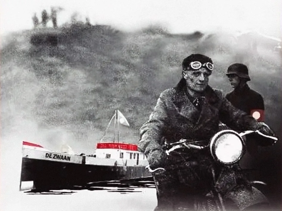 Boekcover van Geheimen boven water – Het drijvende Achterhuis van Jeanne Zwaags, met een oude motor, schip ‘De Zwaan’ en figuren in oorlogstijd.