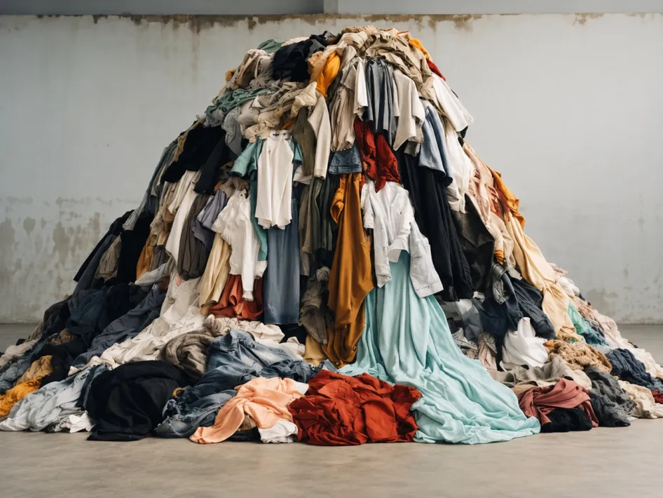 Grote berg afgedankte kleding in verschillende kleuren, als illustratie bij het Inspiration Café over fast fashion, kledingafval en duurzame mode.