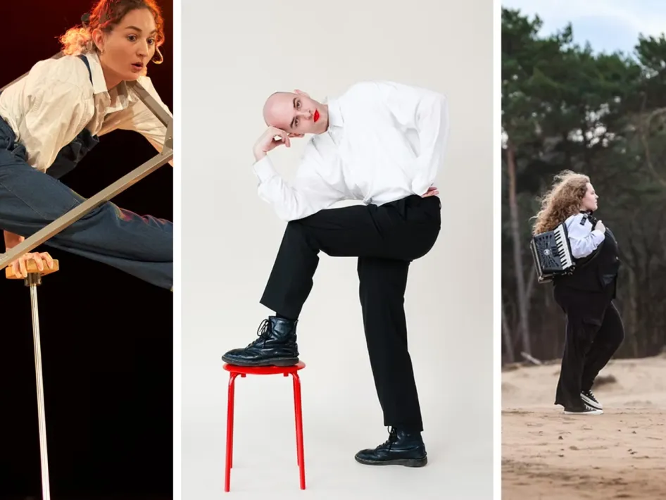 Collage van drie jonge theatermakers tijdens de Koeleköpkes Theaterwandeling van het Limburg Festival.