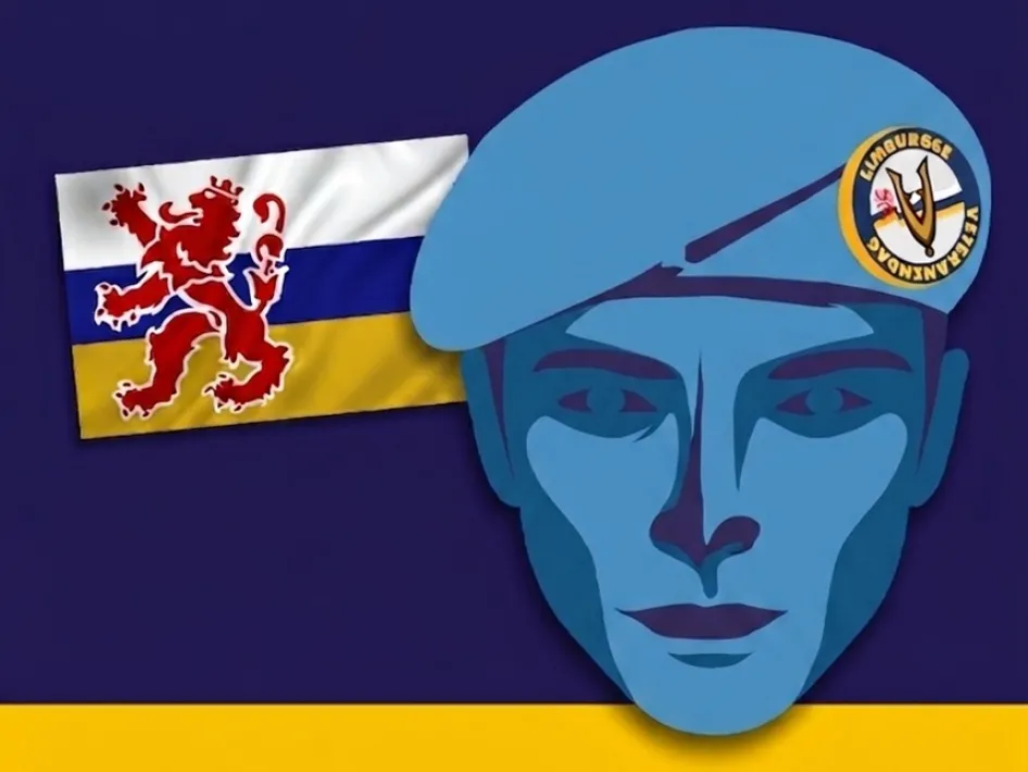 Een grafische illustratie met een donkerblauwe achtergrond. Centraal staat een gestileerd gezicht van een persoon in blauwtinten, die een lichtblauwe baret draagt met daarop een officieel rond embleem van de Limburgse Veteranendag. Links van het gezicht wappert de vlag van de provincie Limburg. De onderzijde van de afbeelding bevat een gele horizontale baan en een witte balk met de tekst 'Nationaal Herdenkingspark Roermond' en de logo's van de gemeente Roermond, het vfonds en de provincie Limburg.