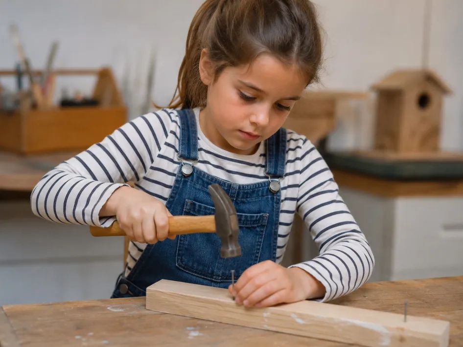 Kind timmert aan een houten werkstuk tijdens De Locht Kids Knutsel-doe-dag in Museumdorp de Locht.
