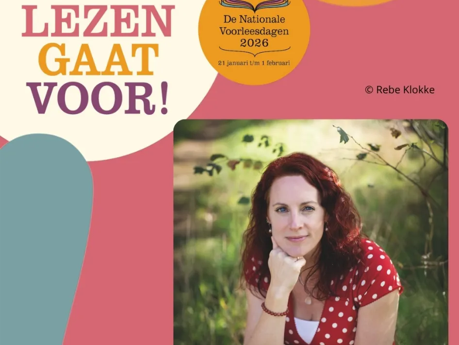 Foto van kinderboekenmaker Lizelot Versteeg met de tekst "Voorlezen gaat voor". 