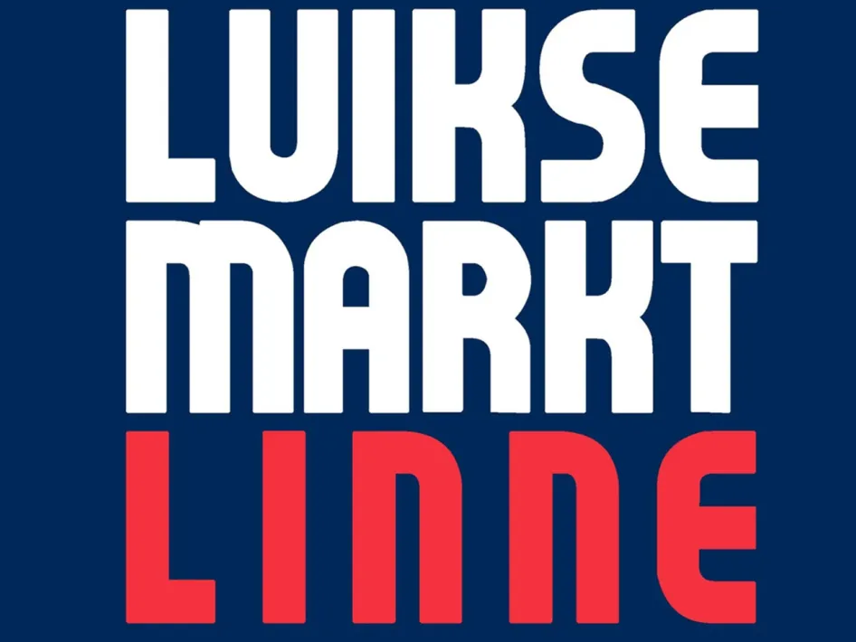 Logo met de tekst Luikse Markt Linne in witte en rode letters op een donkerblauwe achtergrond.