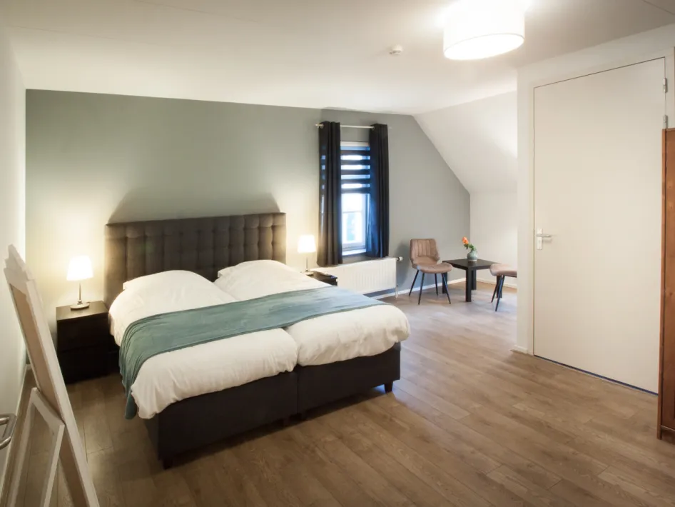 Ruime hotelkamer met tweepersoonsbed, zithoek en veel daglicht.