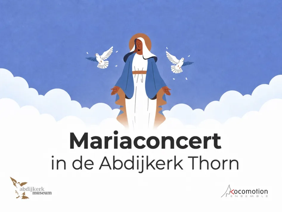 Illustratie van Maria met duiven bij het Mariaconcert van Vocomotion in de Abdijkerk van Thorn.