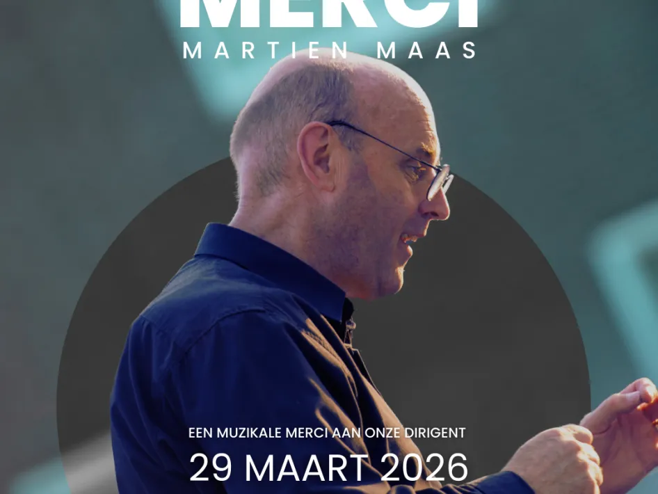 Poster van Concert Merci met dirigent Martien Maas, met datum 29 maart 2026 in CC Don Bosco en starttijd 11.00 uur.