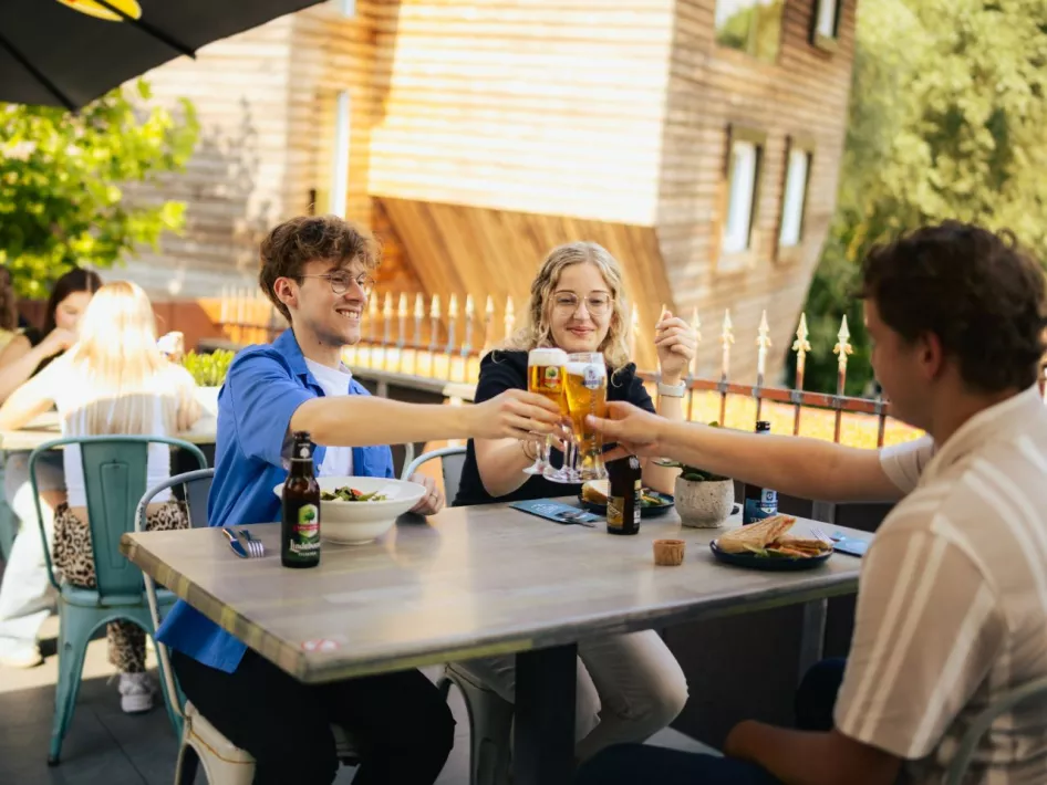 Three friends toasted with drinks on a sunny patio at Mind Mystery, enjoying the relaxed atmosphere.