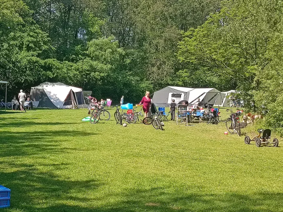 Mensen hebben een leuke tijd op het kampeerveld van Natuurkampeerterrein Wega