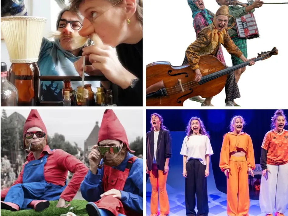 Collage van theater, muziek, acrobatiek en straattheater tijdens theaterfietstocht Natuurlijk… Theater van het Limburg Festival.