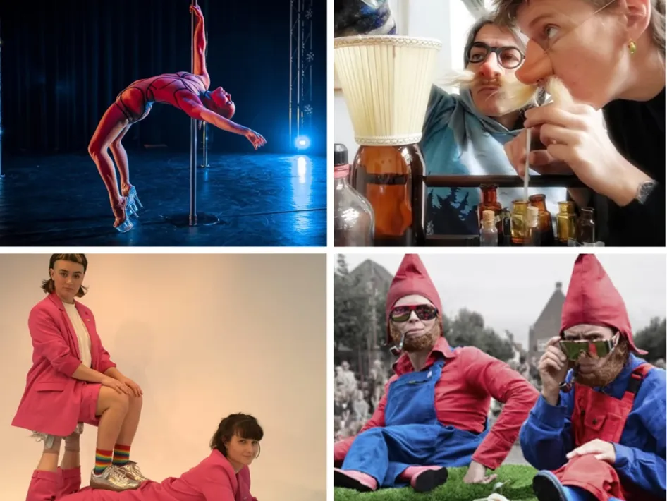 Collage van theater, muziek, acrobatiek en straattheater tijdens theaterfietstocht Natuurlijk… Theater van het Limburg Festival.