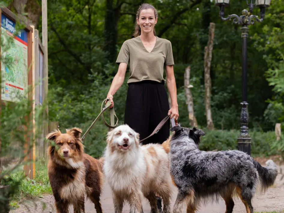Medewerkster Boshuys Nieuw Vosseven met 3 honden