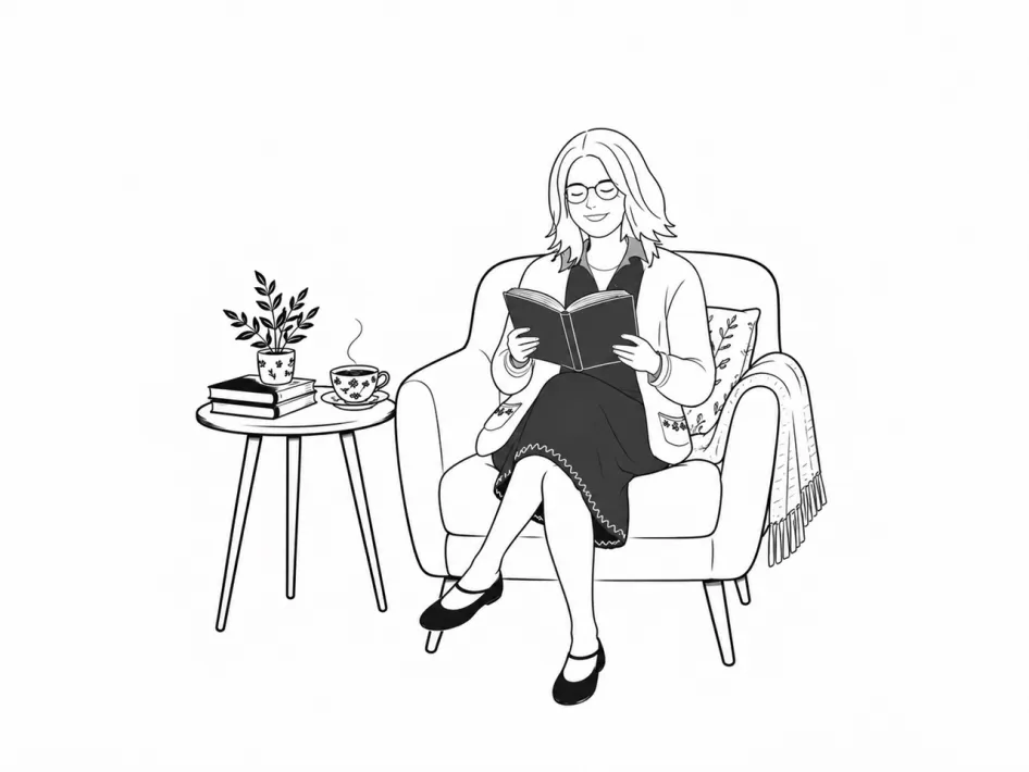 Zwart-witillustratie voor de Offline leesavond van een vrouw die ontspannen een boek leest in een fauteuil, met een kopje thee en boeken naast haar.