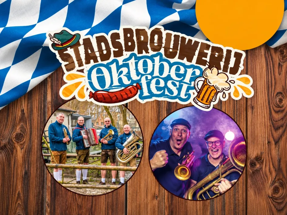Promotiebeeld voor Oktoberfest 2026 bij de Weerter Stadsbrouwerij, met muzikanten in Beierse kleding, blaasinstrumenten, bier en Oktoberfest-versiering.