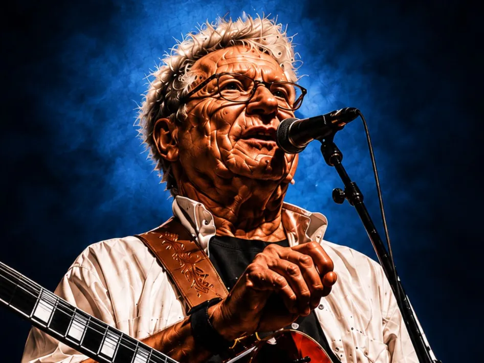Man met gitaar zingt achter een microfoon tegen een blauwe achtergrond.