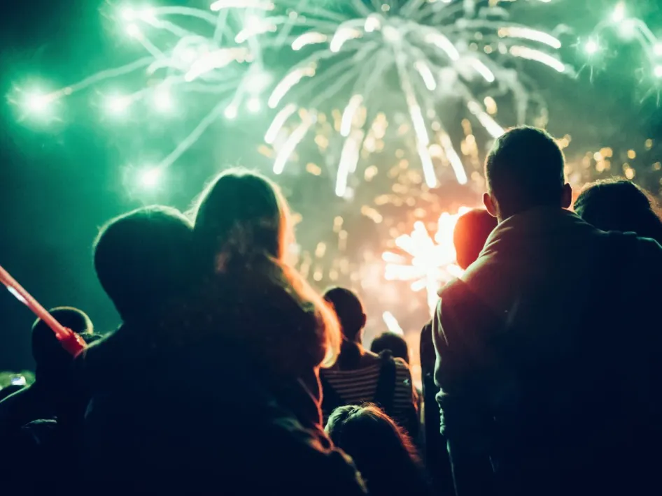 Bezoekers genieten van vuurwerk tijdens Oud & Nieuw Bosuil, feestelijke start van het nieuwe jaar met muziek en gezelligheid.