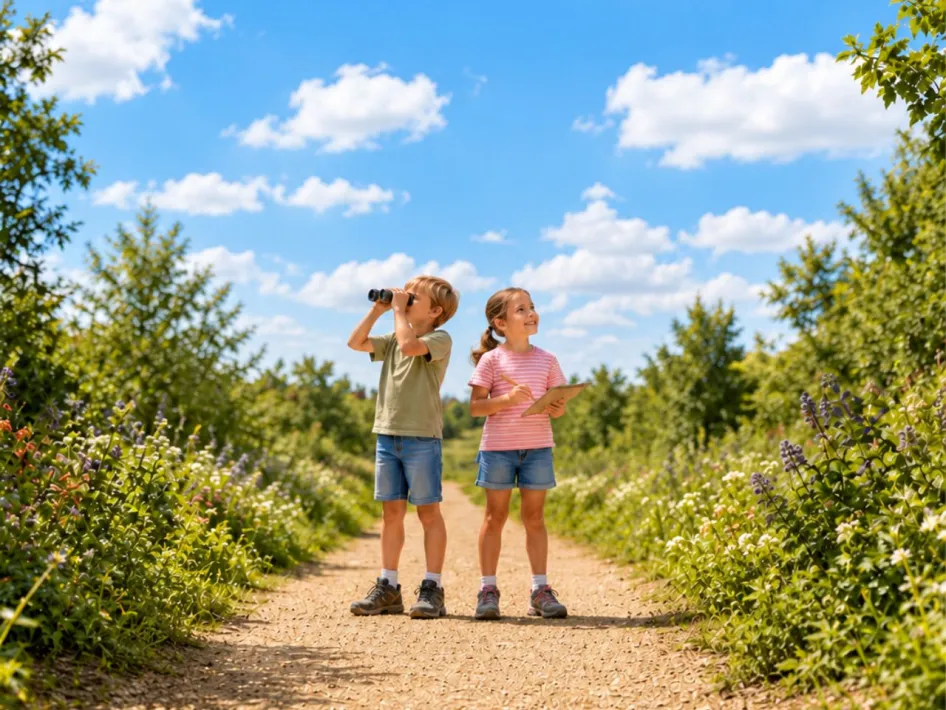 Twee kinderen ontdekken de natuur tijdens een speurtocht bij Museumdorp De Locht. Een jongen kijkt door een verrekijker en een meisje houdt een klembord vast.