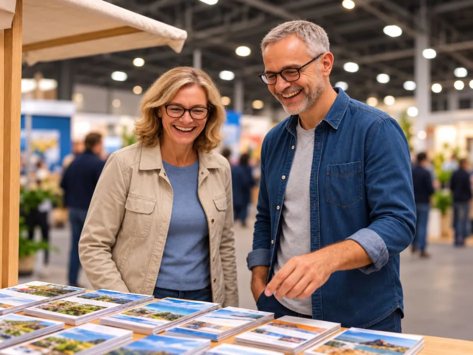 Lachende man en vrouw bekijken brochures bij een informatiestand op een beurs.