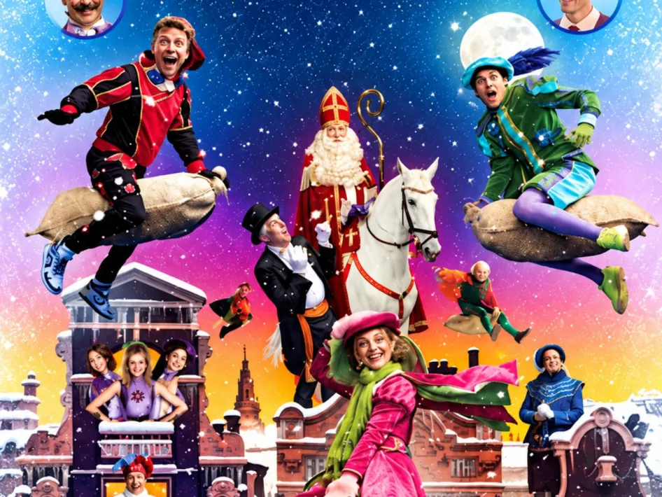 Illustratie van Sinterklaas op een wit paard boven een besneeuwde stad, omringd door vrolijke personages die op zakken door de lucht vliegen, tegen een kleurrijke winterlucht vol sneeuwvlokken en sterren.
