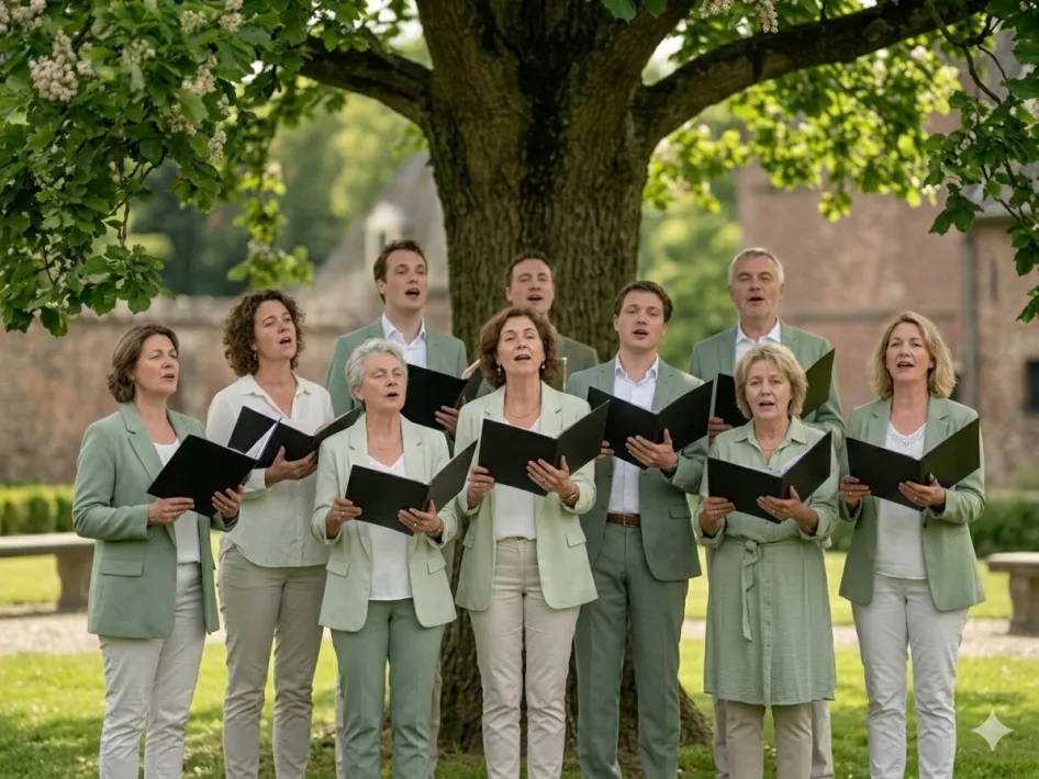 Gemengd Koor Cantemus zingt tijdens een openluchtconcert buiten onder een grote boom op een groen landgoed.