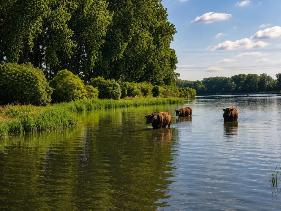 Galloway-Rinder stehen im flachen Wasser der Maas im Naturschutzgebiet Osen.