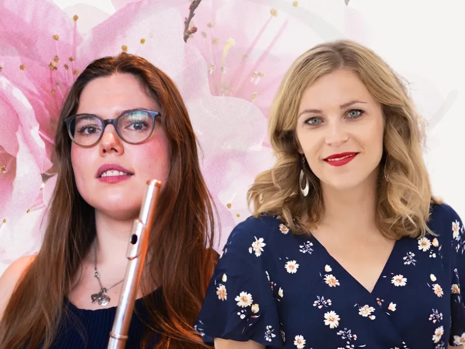 Pianiste Michelle Lynne en fluitiste Beate Matvejeva treden op tijdens het appeltaartconcert Rêveries Françaises in het Openluchttheater Thorn.