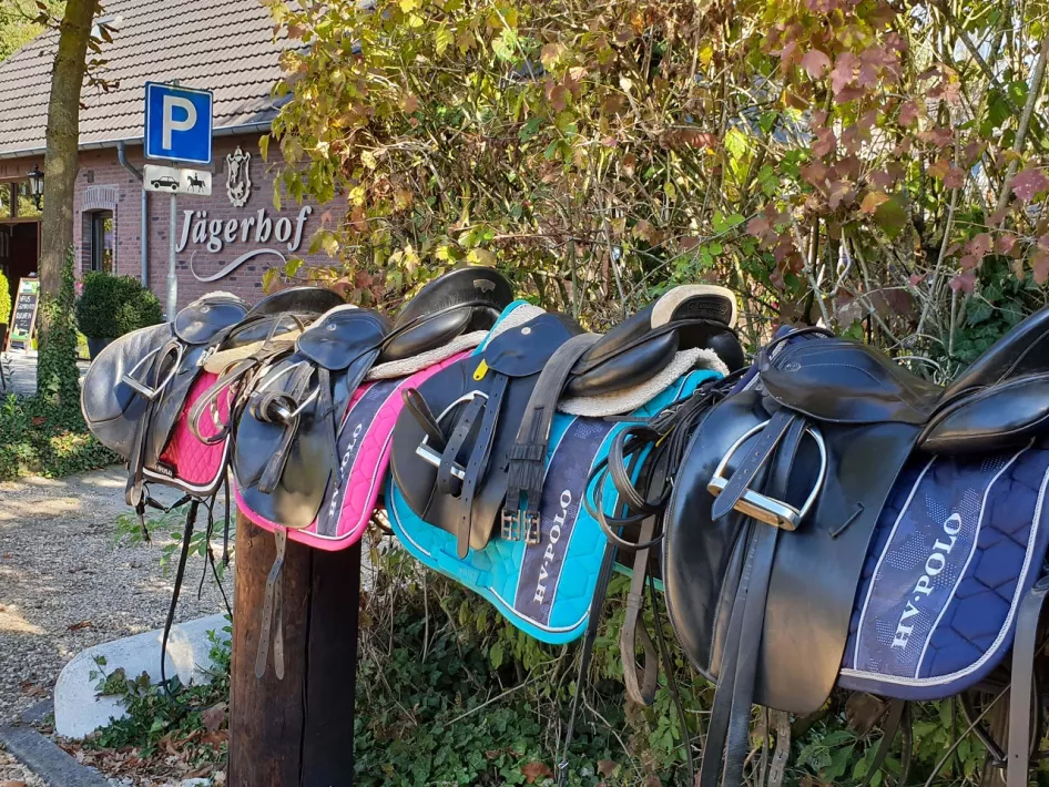 De zadels zijn uitgestald voor Paardenpension Jägerhof