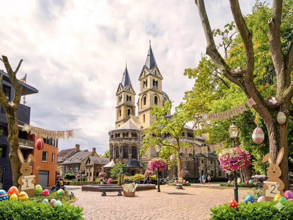 Paasspeurtocht op het Munsterplein plein in de binnenstad van Roermond met versierde bomen, paaseieren en de Munsterkerk op de achtergrond