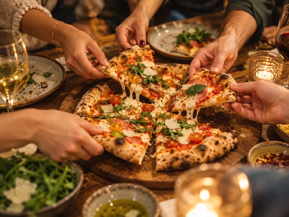Handen van verschillende mensen pakken samen stukken pizza tijdens de Pizza Meet-up Roermond, met drankjes en hapjes op tafel.