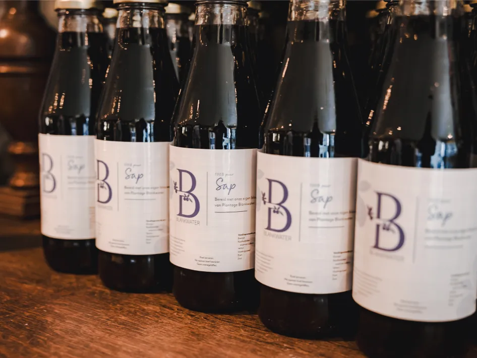 Rijen flessen met het etiket ‘B van Blankwater’ gevuld met donkerrode blauwe bessensap staan uitgestald op een houten tafel.