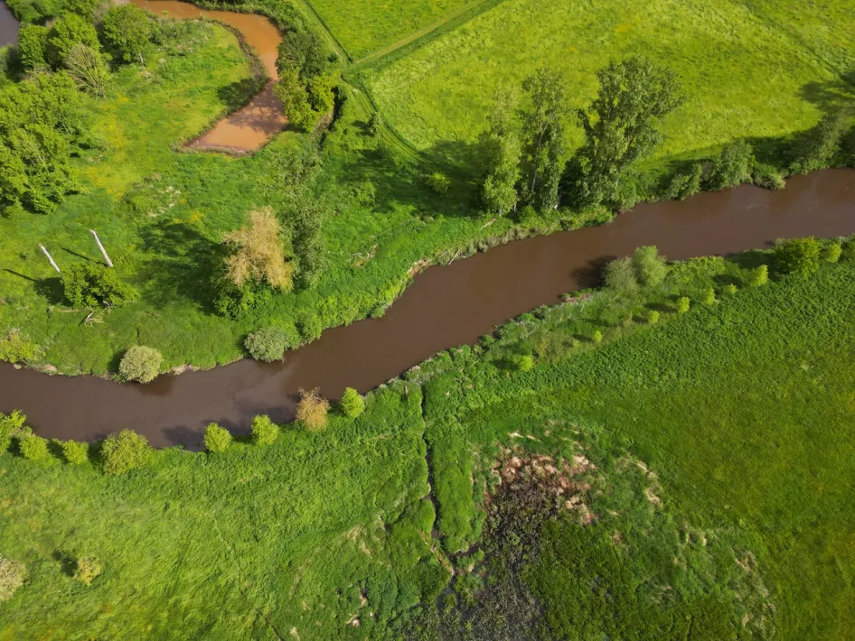Luchtfoto van de kronkelende Roer door een groen, waterrijk landschap.