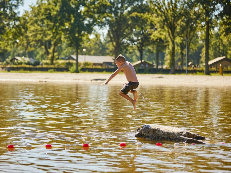 Natuurlijke zwemvijver met strandje en groen uitzicht op Recreatiepark de Leistert, ideaal voor zomerdagen.