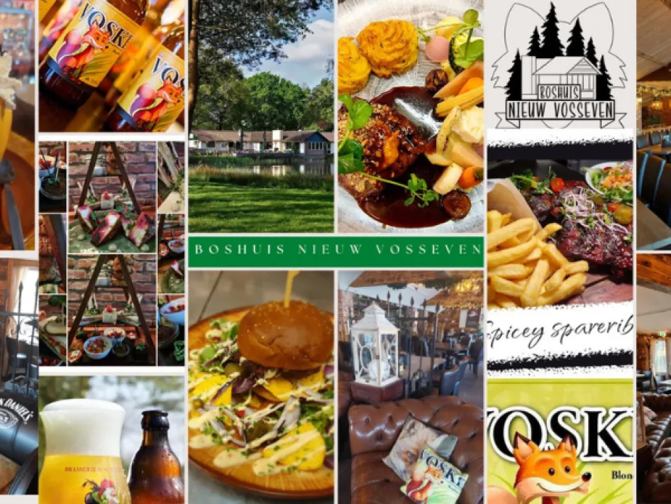  Bunte Collage mit Gerichten, Getränken, Innenansichten und dem Logo des Boshuis Nieuw Vosseven – vermittelt einen Eindruck von Atmosphäre und Speisekarte.