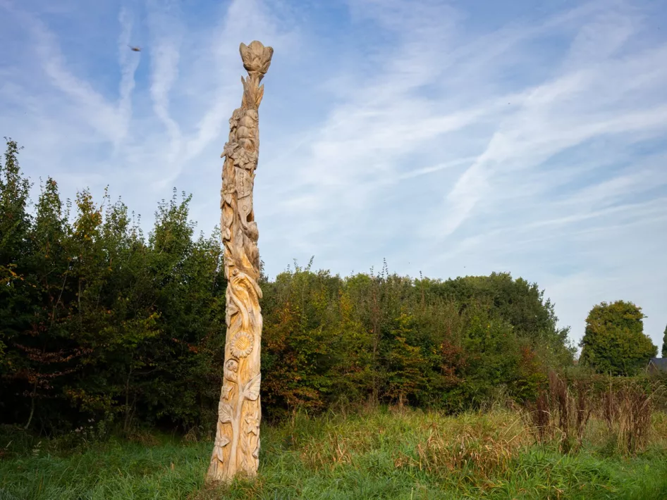 Houten totempaal in het natuurgebied Rowven