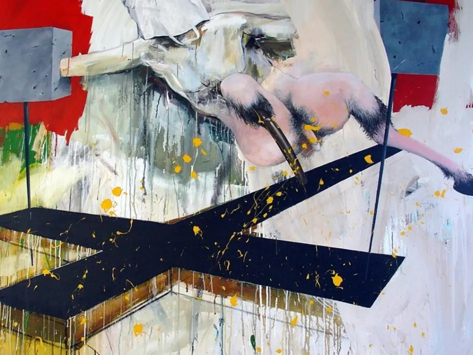 Schilderij ‘Above Religion’ (2004) van Renier Vaessen, met abstracte en figuratieve elementen, krachtige kleuren en expressieve penseelstreken.