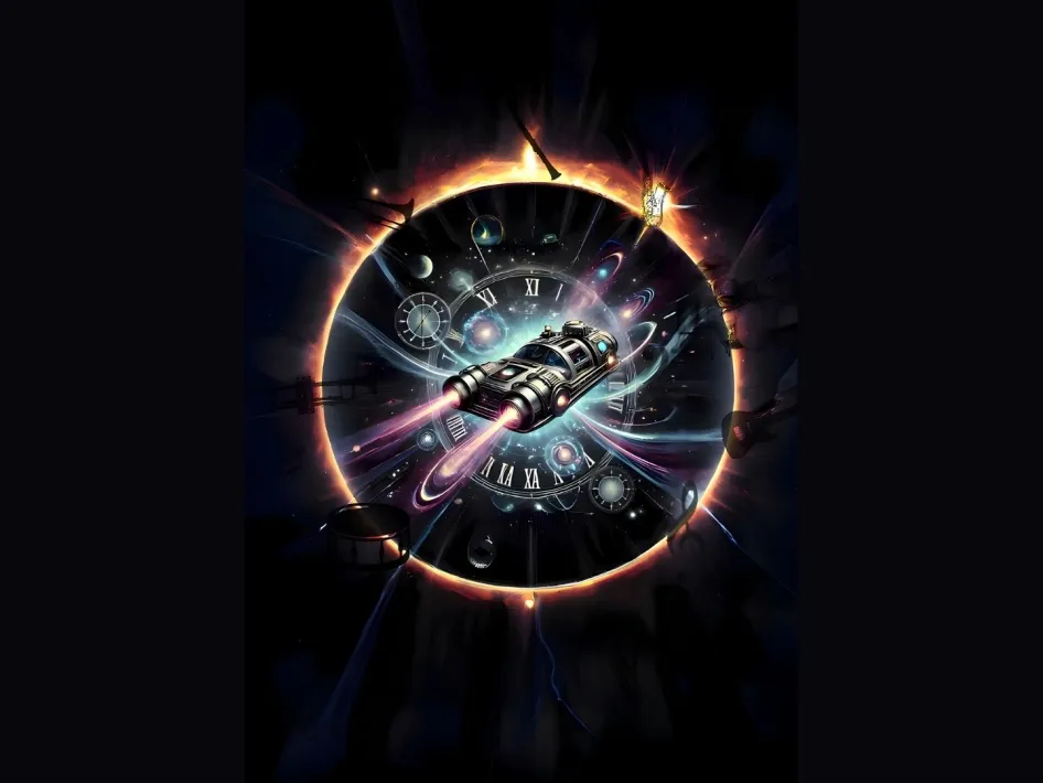 "Tijdmachine" van Harmonie St.-Joseph uitgebeeld met een zwevende klok, omringd door vervagende muziekinstrumenten.