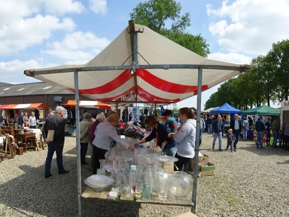 Drukte op een zonovergoten buitenmarkt met diverse kraampjes en winkelend publiek op een grindterrein.