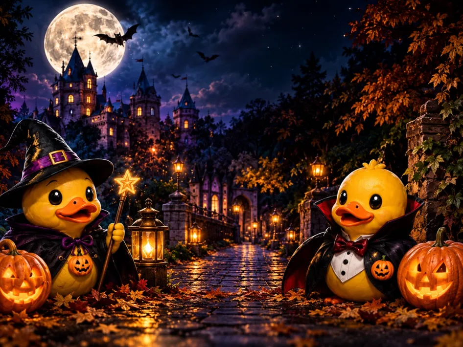 Poster van Snazzlween met twee verklede eendjes bij verlichte pompoenen voor een kasteel tijdens Halloween.