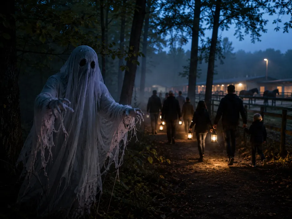 Spook langs een donker bospad tijdens een spokentocht bij Rijstal Venhof, terwijl deelnemers met lantaarns door het bos lopen.