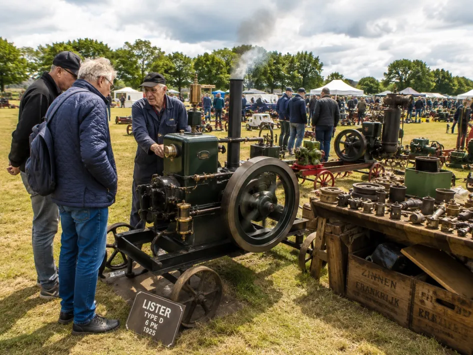 Historische verbrandingsmotor draait op een open veld tijdens de internationale stationaire motorenshow terwijl bezoekers kijken en een eigenaar uitleg geeft. Op de achtergrond staan meer motoren en marktkramen.