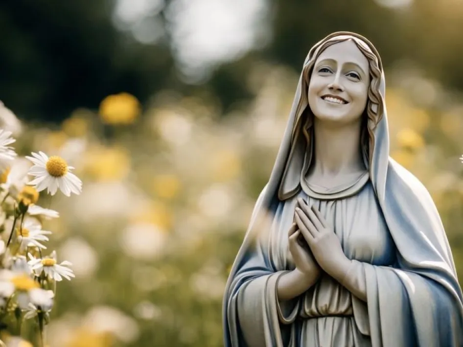Promotiebeeld voor Maria Leeft: glimlachend Mariabeeld met gevouwen handen in een veld vol margrieten, in warm zonlicht.