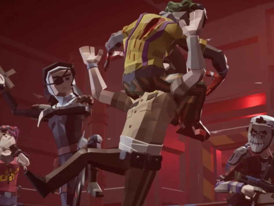 Sfeerbeeld uit de VR All-In-One Experience met virtuele personages in actie, waaronder een zombie en gemaskerde spelers, in een spannend rood verlicht speldecor.