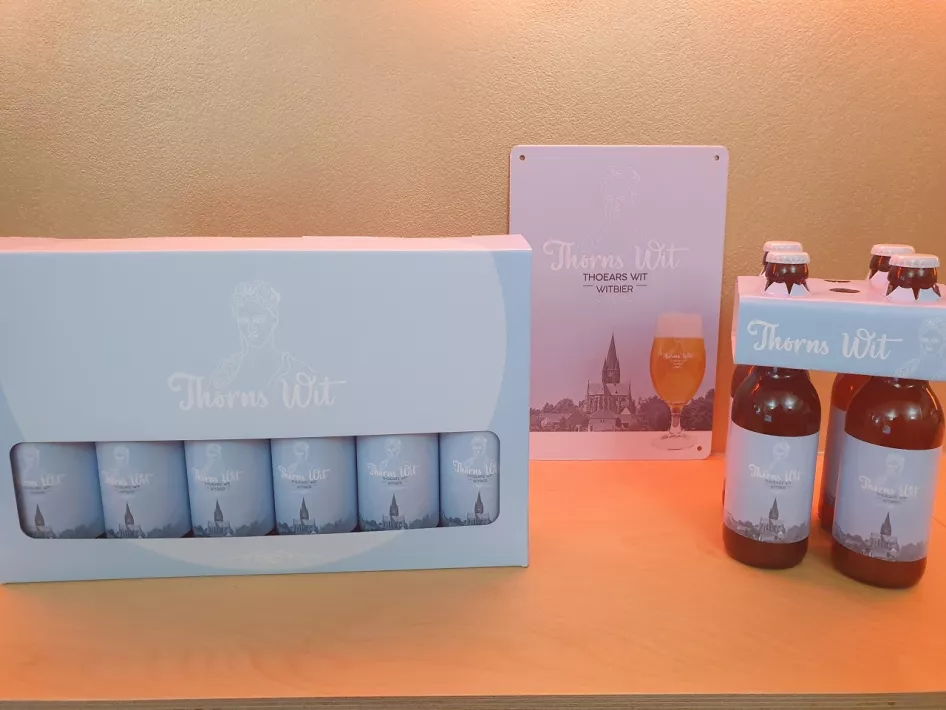 Thorns White (white beer) displayed on the counter