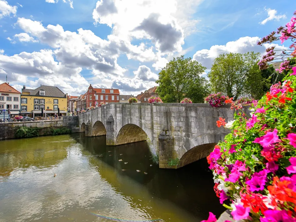 VVV Wandeling over het Schelpenpad in Roermond met uitzicht op de historische stenen brug over de Roer, kleurrijke bloemen en de binnenstad.
