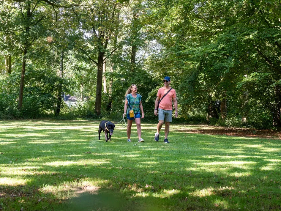 Stelletje wandelt met de hond over een veld op vakantiepark 't Posterbos