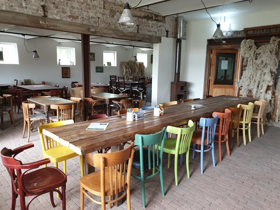 Dining area in Beatrixhoeve with a long wooden table and colourful chairs for groups