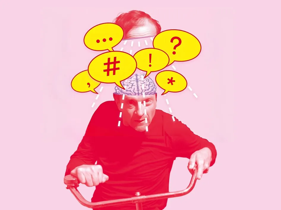 Romijn Conen op de fiets, erg gesatureerd met een roze achtergrond. Spreekwolkjes met o.a. '!, ?, #, *' die uit zijn getekende 'brein' komen.