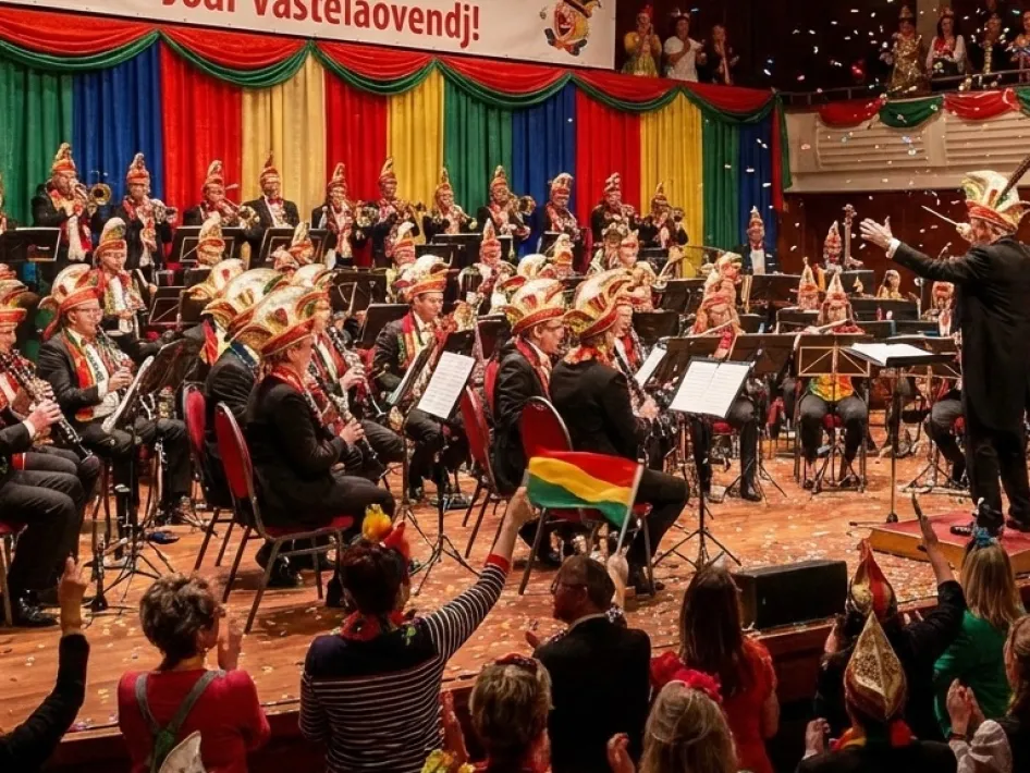 Harmonie Crescendo viert hun 5x11-jarig jubileum tijdens een feestelijk en drukbezocht Vastelaoves-Konzaer, compleet met confetti.