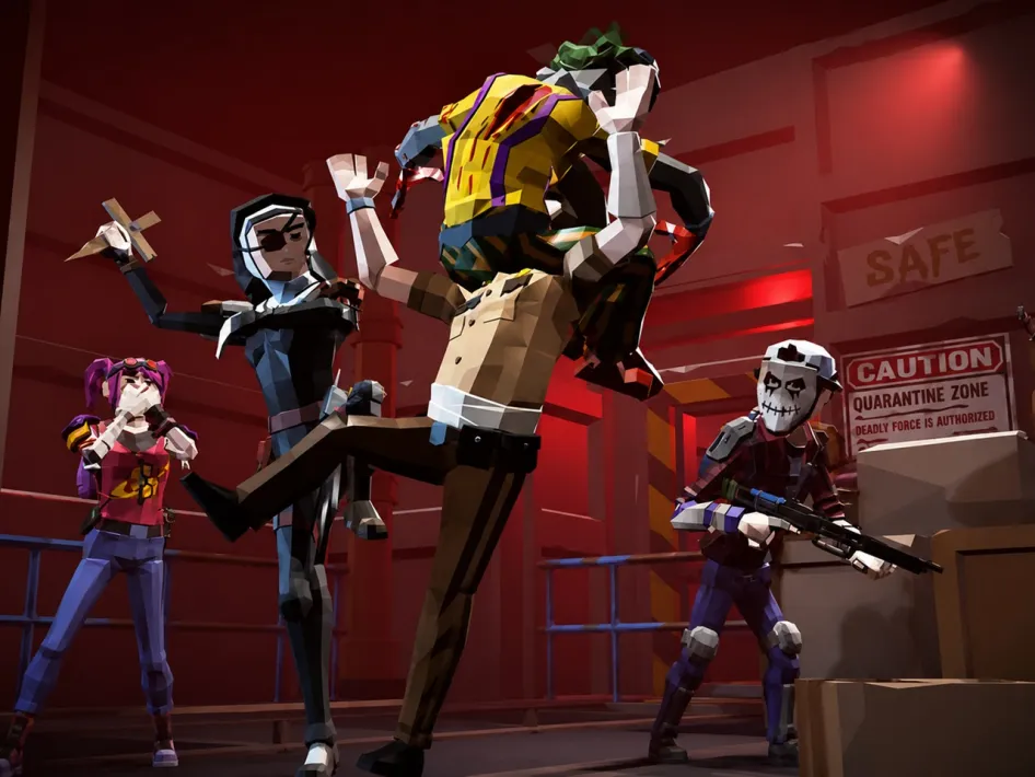 Personages in de VR All-In-One Experience tijdens een spannende scène in een rood verlichte industriële omgeving.