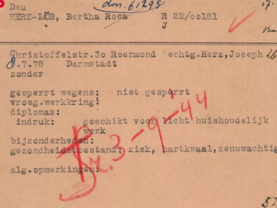 Voorkant kaart uit Cartotheek over Bertha Herz Löb Stolperstein St. Christoffelstraat 30 Roermond