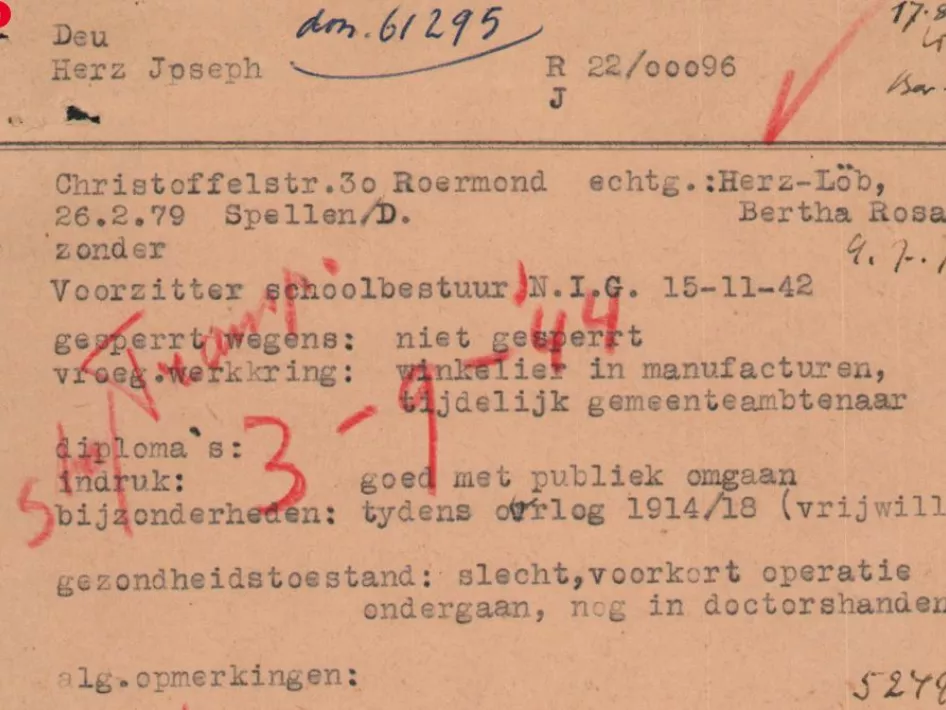 Voorkant kaart uit Cartotheek over Joseph Herz Stolperstein St.Christoffelstraat 30 Roermond